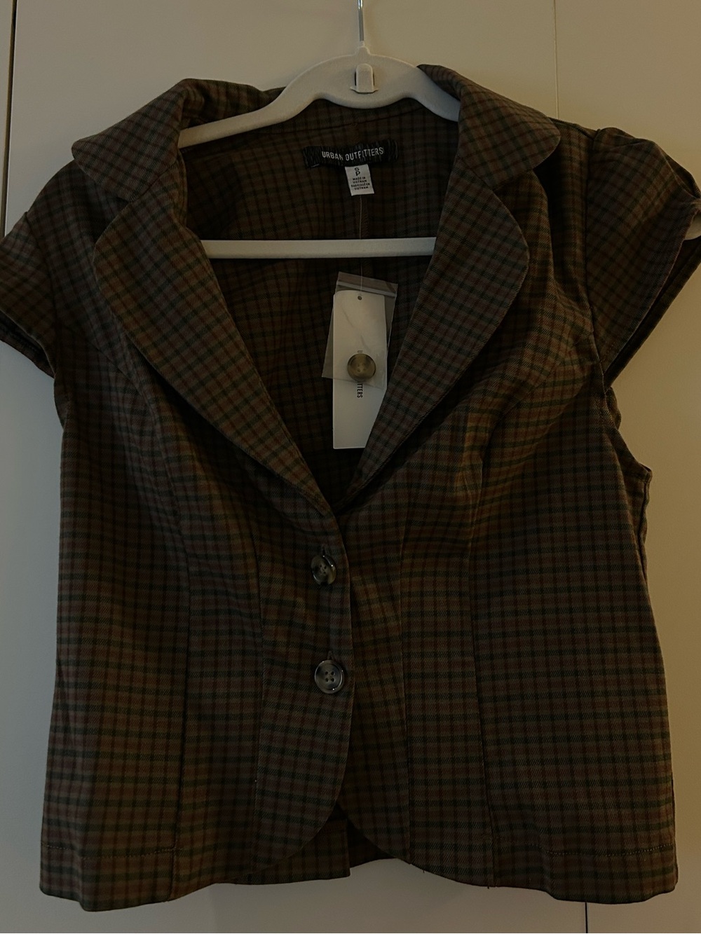 Urban Outfitters Brown and Green Plaid Cap-Sleeve Blazer Shirt